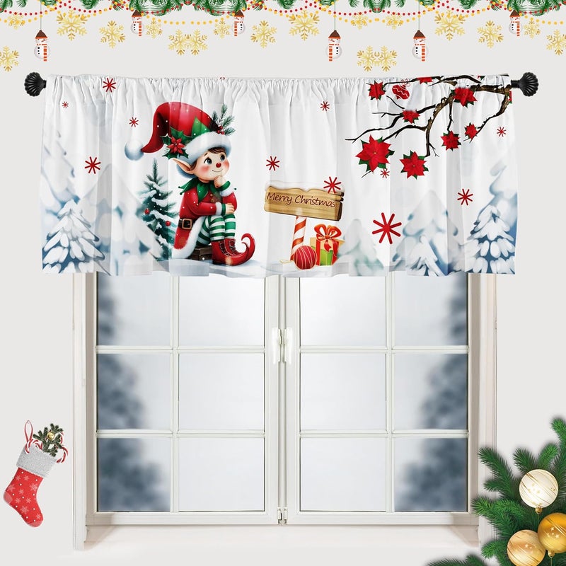 SUNWISHA Christmas Curtains Valance 52x18 inch Poinsettia Snow Scenery Merry Christmas Festive Valances Bathroom Bedroom Windows Decor - Rod Pocket Holiday - Image 1